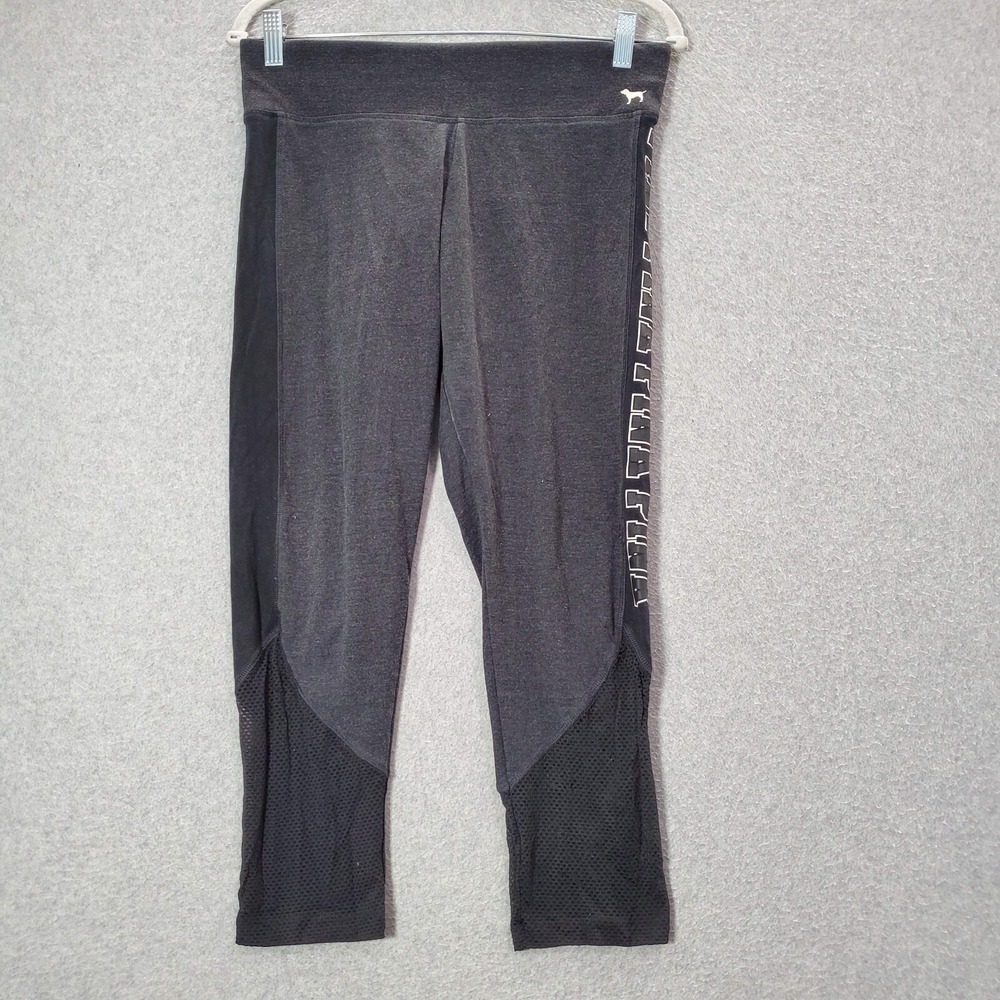 Pink Victorias Secret Women Activewear Pants Medium Gray Legging Mesh Logo READ